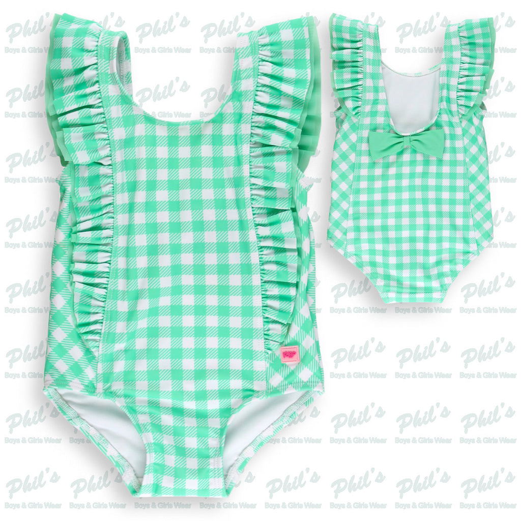 Green Gingham Waterfall Ruffle One Piece Swimsuit
