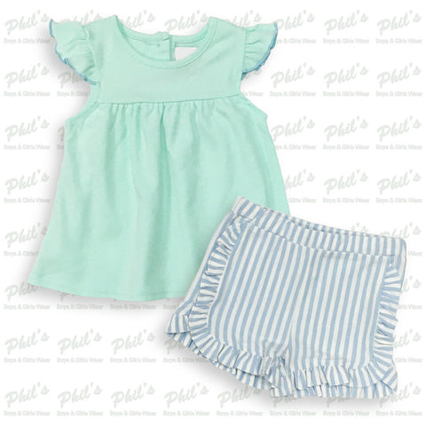 Mint Green & Blue Stripe Ruffle Short Set