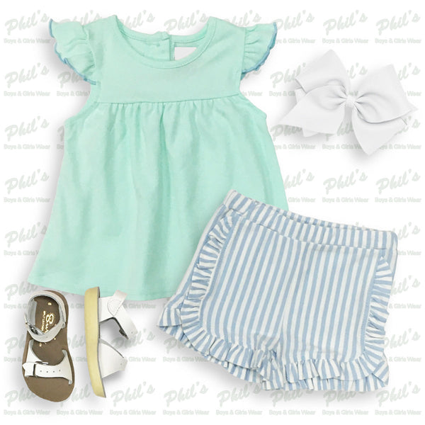 Mint Green & Blue Stripe Ruffle Short Set