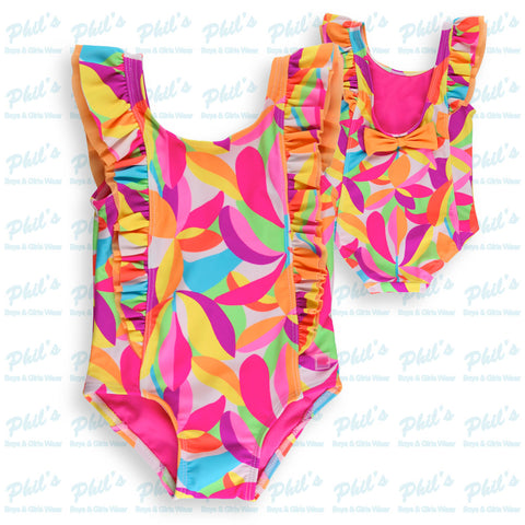 Neon Leaves Waterfall Ruffle One Piece Swimsuit