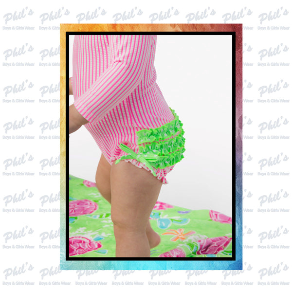 Neon Pink Seersucker Ruffle Rash Guard One Piece