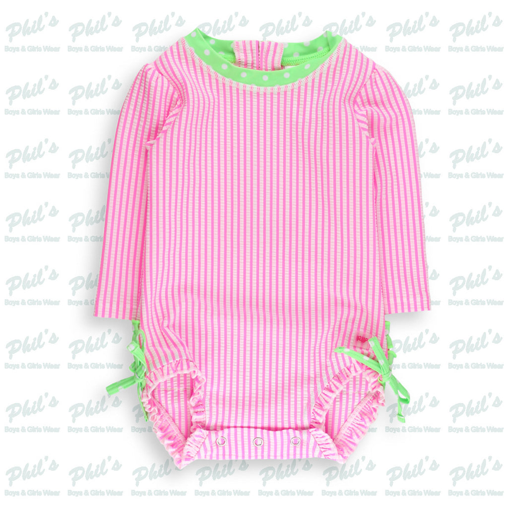 Neon Pink Seersucker Ruffle Rash Guard One Piece
