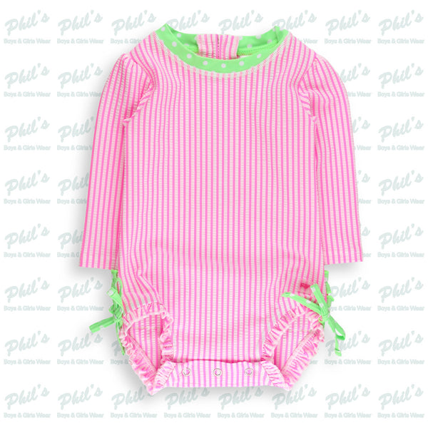 Neon Pink Seersucker Ruffle Rash Guard One Piece