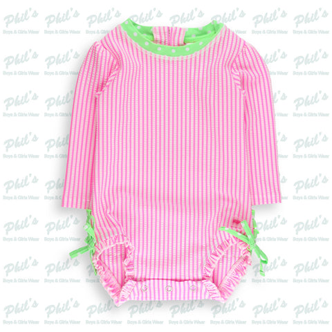 Neon Pink Seersucker Ruffle Rash Guard One Piece