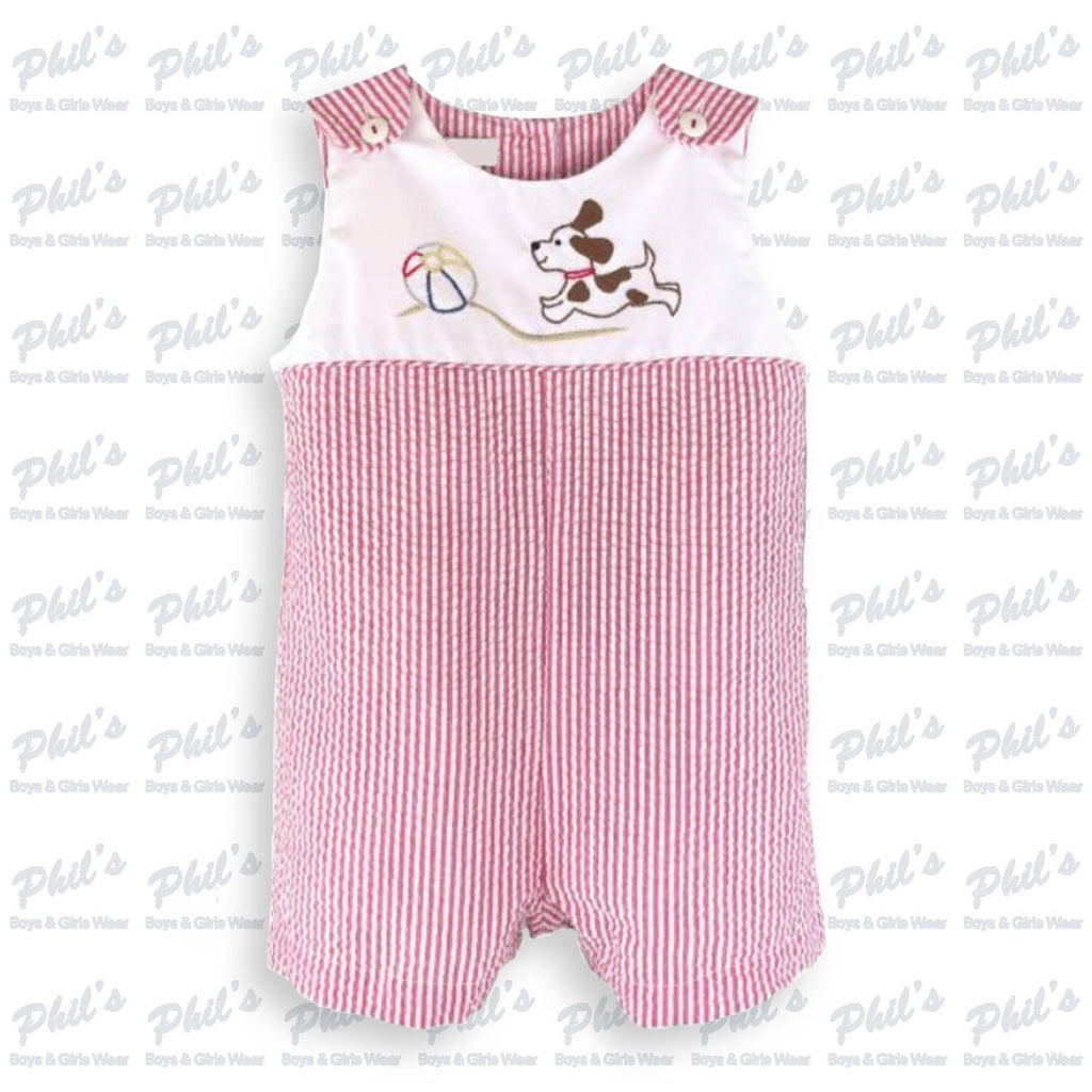 Red Seersucker Shortall w/ Beachball & Puppy Embroidery
