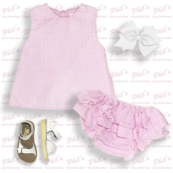 Pink Gingham Cross-Back Ruffle Bloomer Set