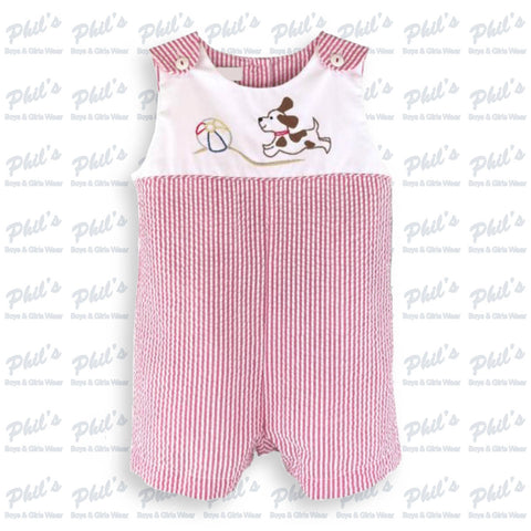 Red Seersucker Shortall w/ Beachball & Puppy Embroidery