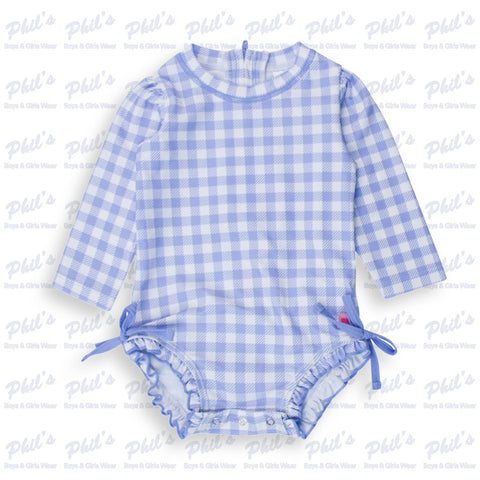 Periwinkle Blue Gingham Ruffle Rash Guard One Piece