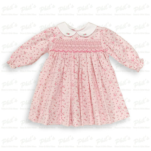 Baby Girls' Pink Rosebud Floral Smocked Dress with Peter Pan Collar