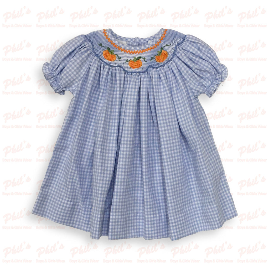 Girls' Blue Gingham Pumpkin Smocked Dress
