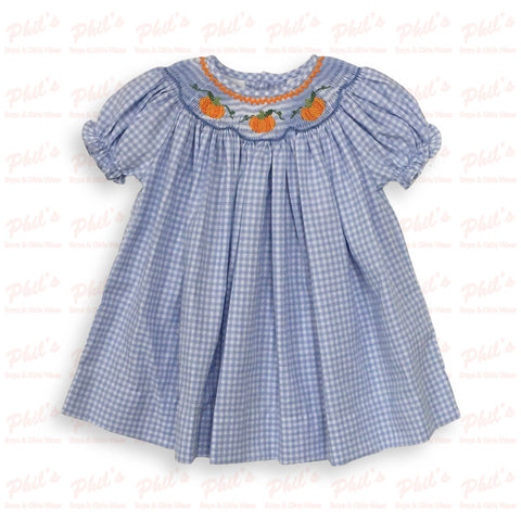 Girls' Blue Gingham Pumpkin Smocked Dress