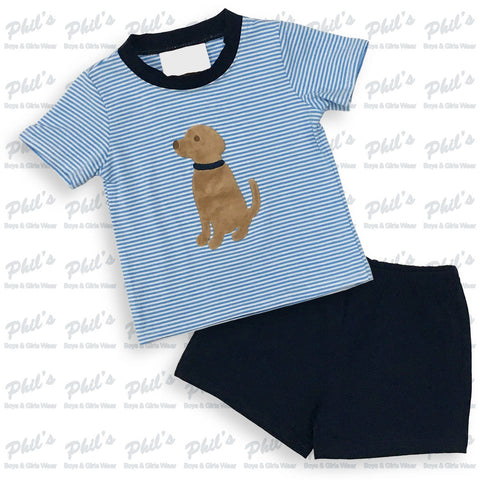 Blue Stripe Puppy Appliqué Short Set