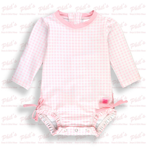 Pink Gingham Long Sleeve Rash Guard One Piece Swimsuit