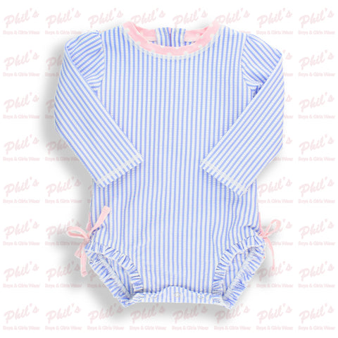 Blue Seersucker Long Sleeve Rash Guard One Piece Ruffle Swimsuit