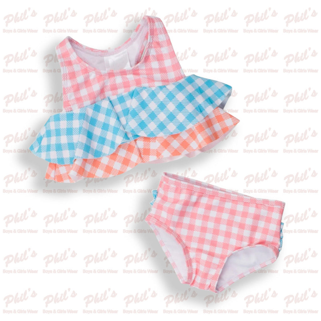 Pastel Gingham Color Block Ruffle Tankini