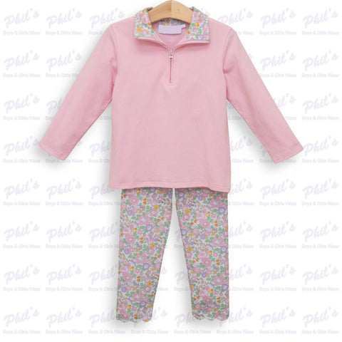 Girls' Pink Quarter-Zip & Floral Leggings Set