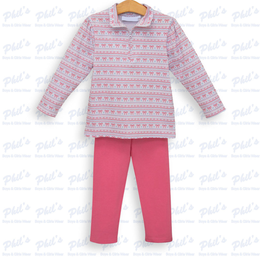 Girls' Pink Bow Stripe Quarter-Zip & Pink Leggings Set