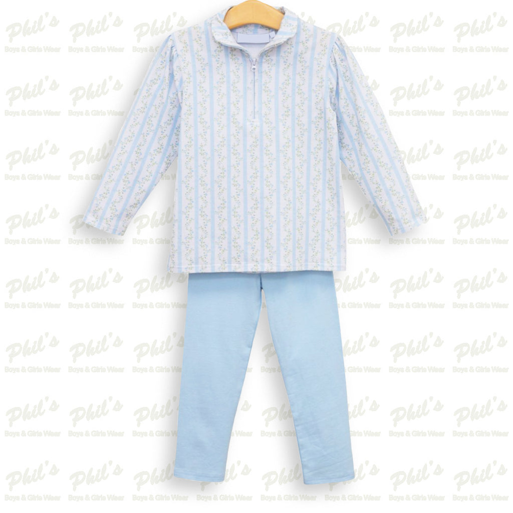 Girls' Blue Floral Quarter-Zip & Blue Leggings Set