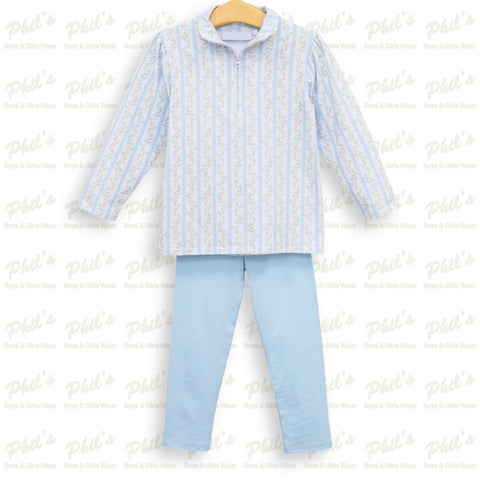 Girls' Blue Floral Quarter-Zip & Blue Leggings Set