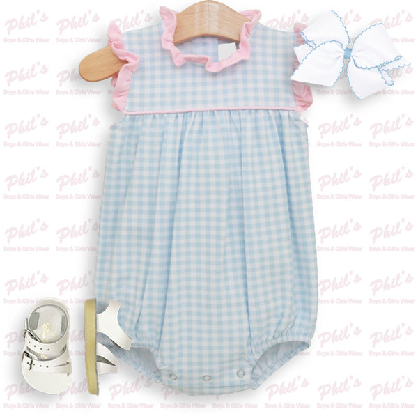 Blue Gingham Pink Ruffle Bubble