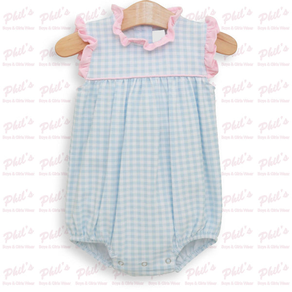 Blue Gingham Pink Ruffle Bubble