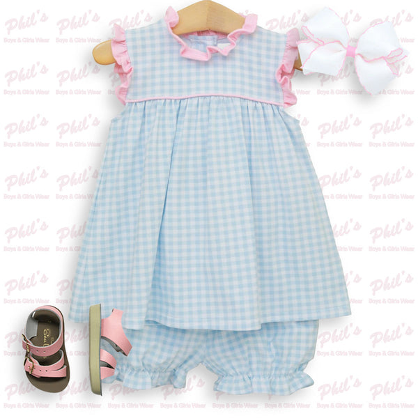 Blue Gingham Pink Ruffle Bloomer Set