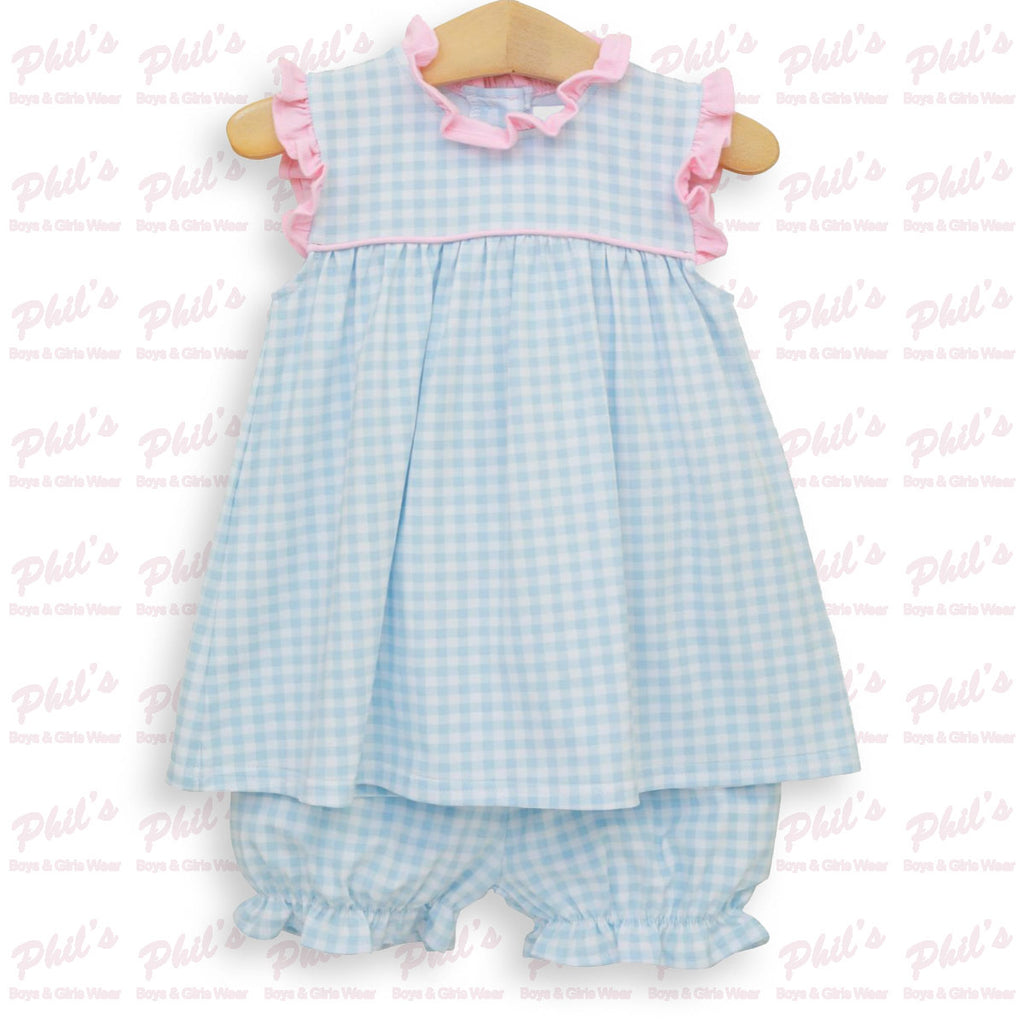 Blue Gingham Pink Ruffle Bloomer Set