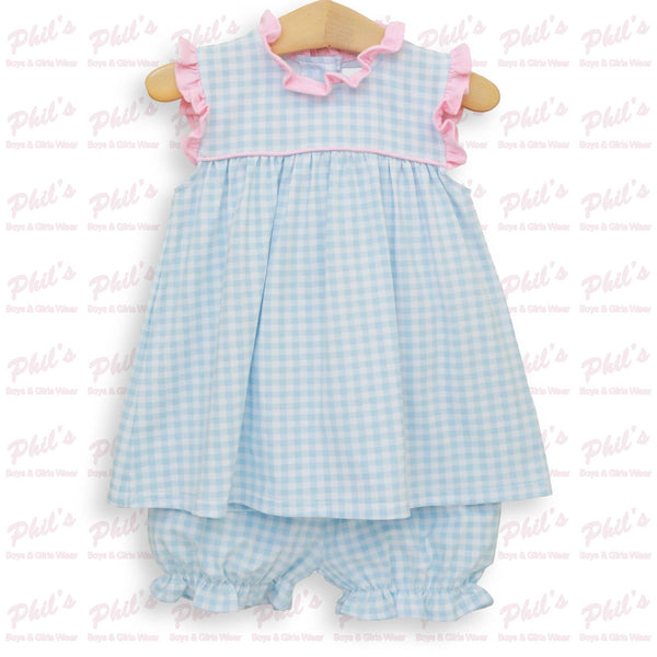 Blue Gingham Pink Ruffle Bloomer Set