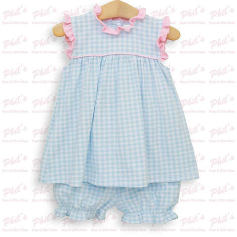 Blue Gingham Pink Ruffle Bloomer Set
