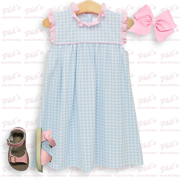 Blue Gingham Pink Ruffle Dress