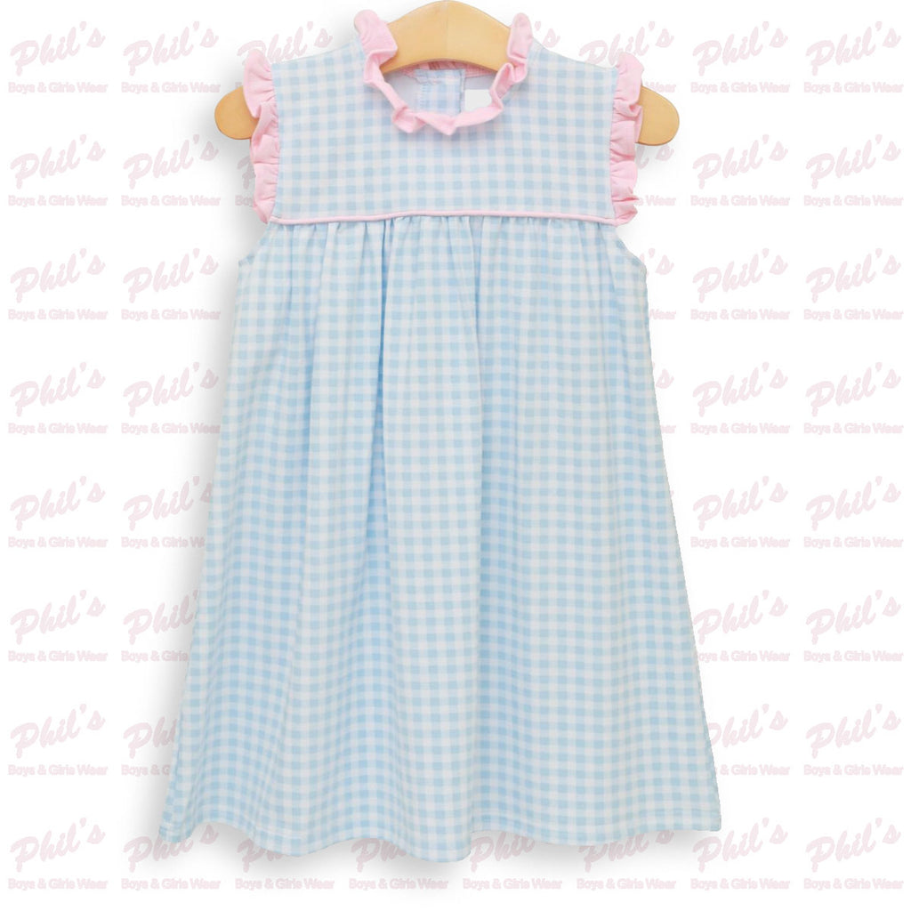 Blue Gingham Pink Ruffle Dress