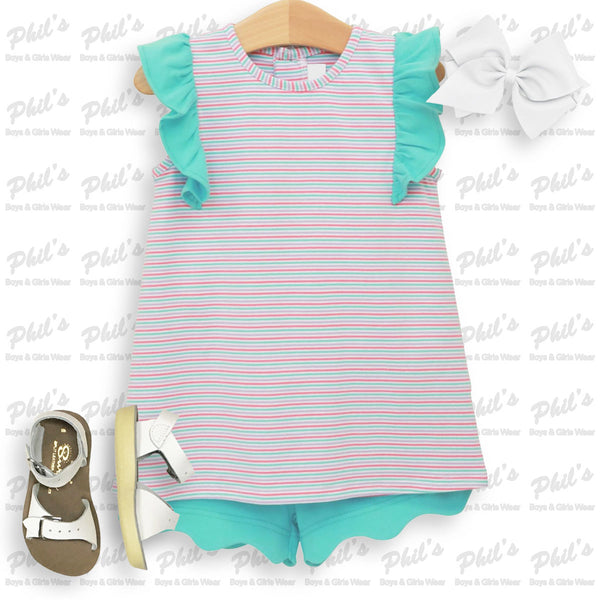 Multi-Color Stripe Ruffle Scallop Short Set