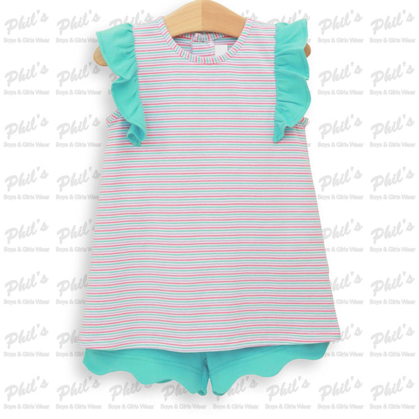 Multi-Color Stripe Ruffle Scallop Short Set