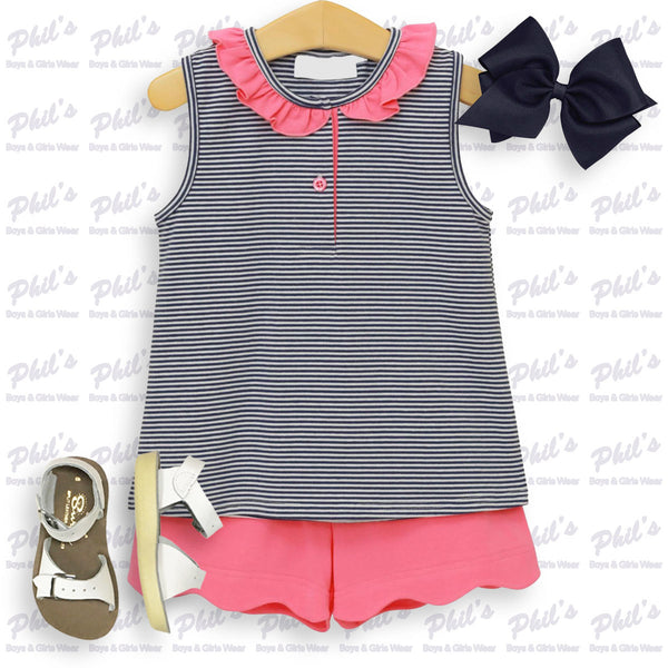 Navy Blue Stripe w/ Pink Scallop Short Set