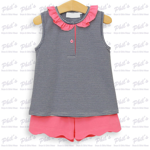 Navy Blue Stripe w/ Pink Scallop Short Set