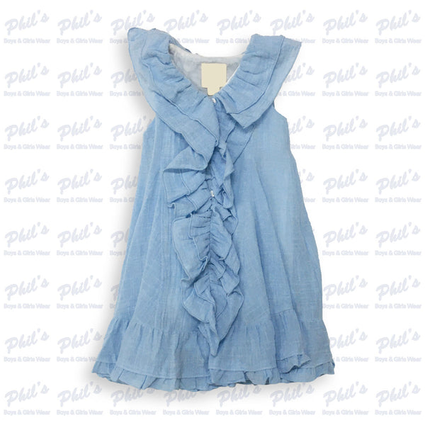 Blue Linen Ruffle Dress
