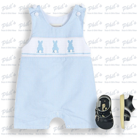 Blue Gingham Easter Bunny Smocked Shortall
